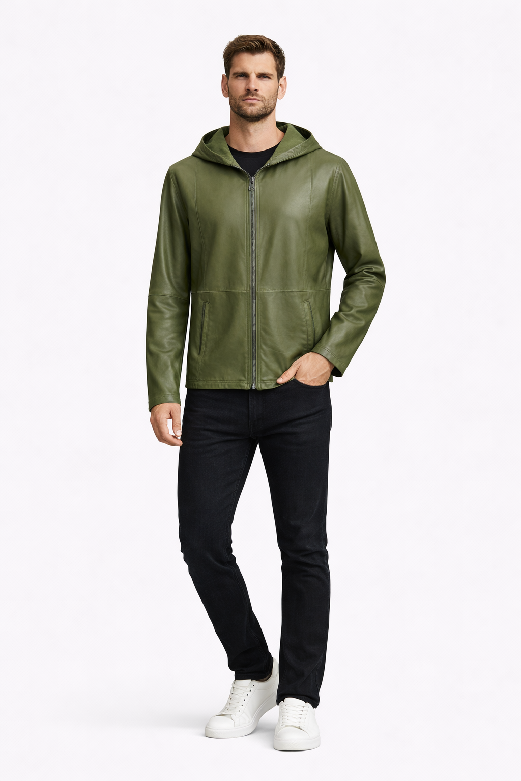 Reverseble Leather and Suede Hooded Jacket for Men