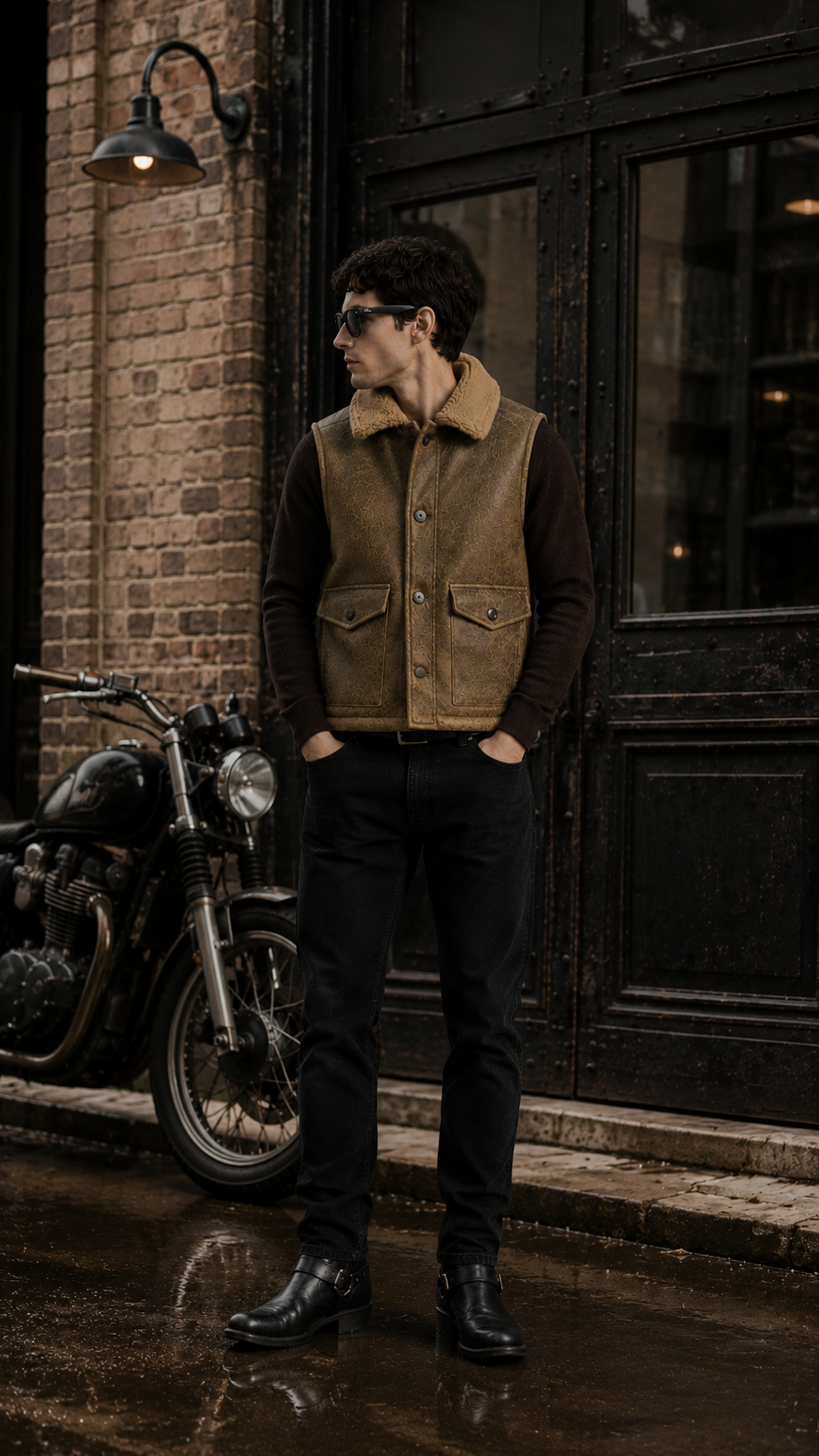 Khaki Brown Leather with Fur Waistcoat for Men