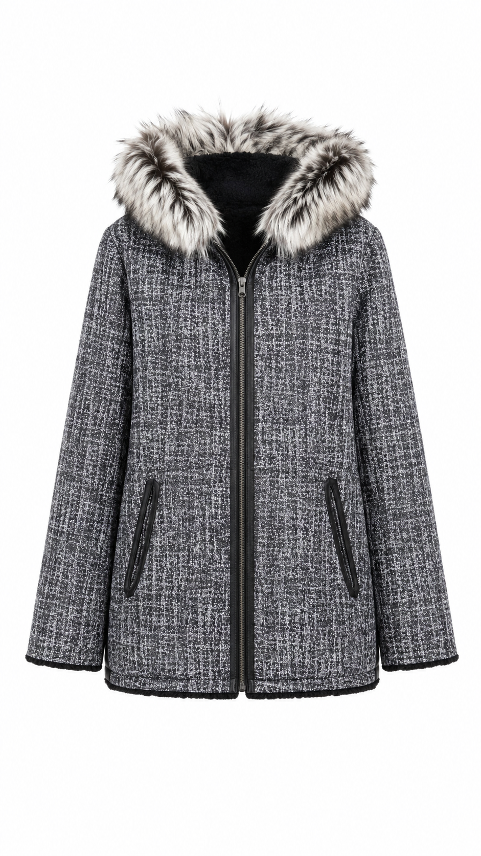 Reversible Black Leather Suede and Digital Printed Leather Hooded Jacket with Fur for Women