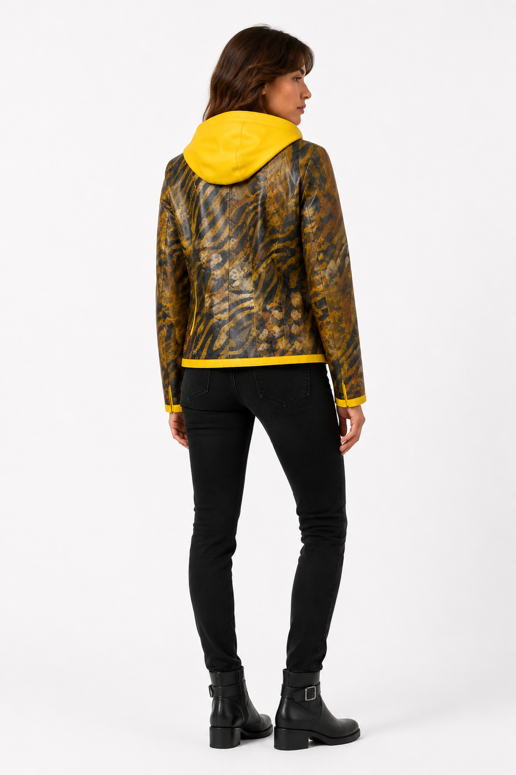 Lamb Leather Reversible Yellow Leather Hooded Jacket for Women