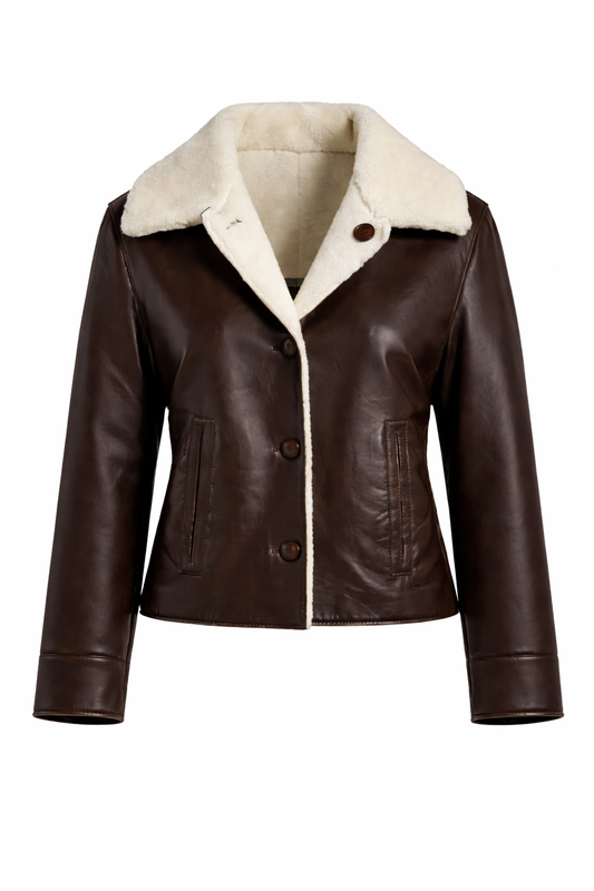 WHITE FUR COLLAR BROWN WOMEN'S LEATHER JACKET