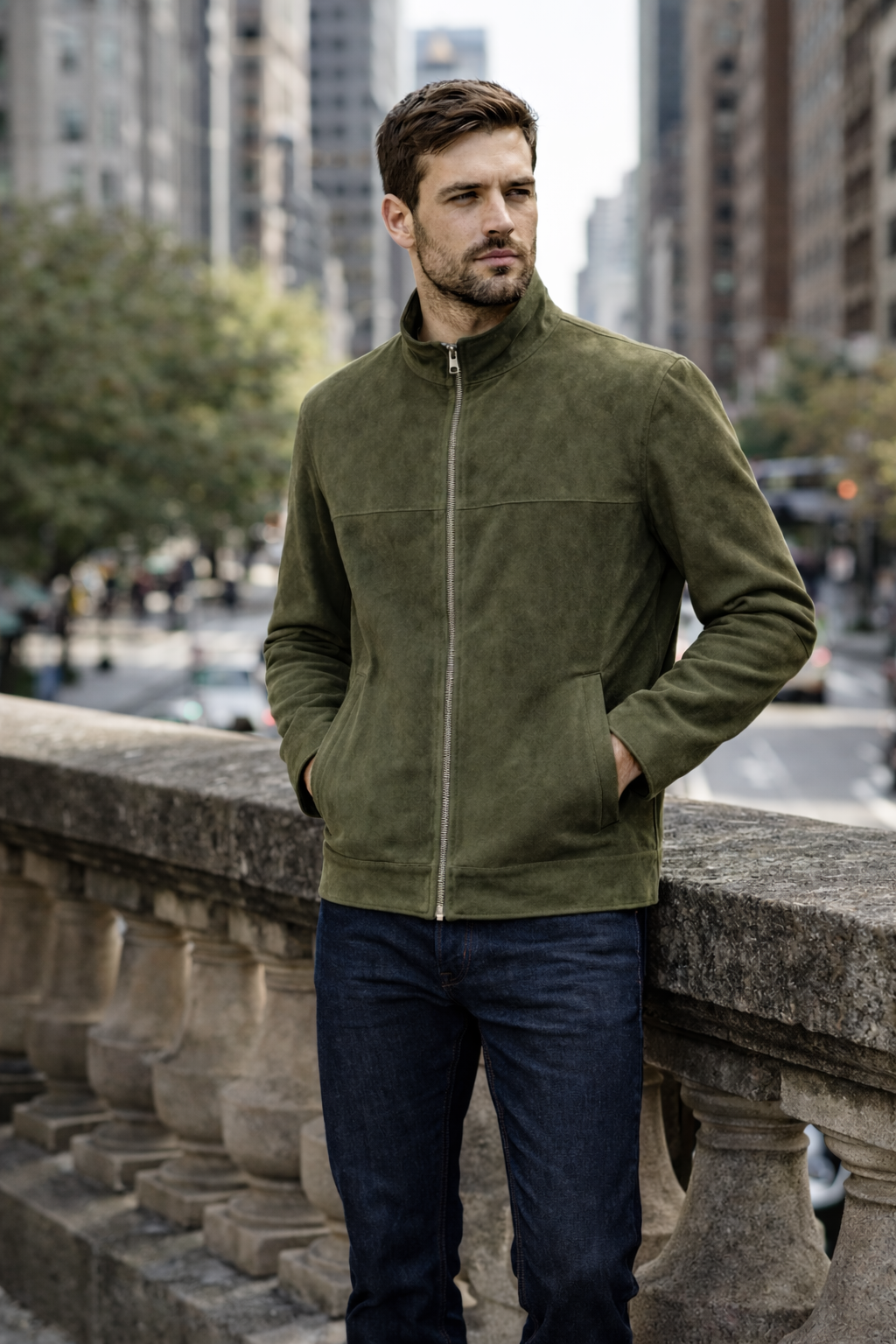 Reversble Lamb Leather Khaki Suede and Leather Jacket for Men